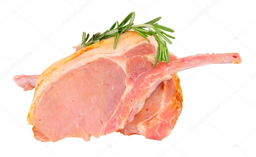 Two fresh raw tomahawk pork chops isolated on a white background