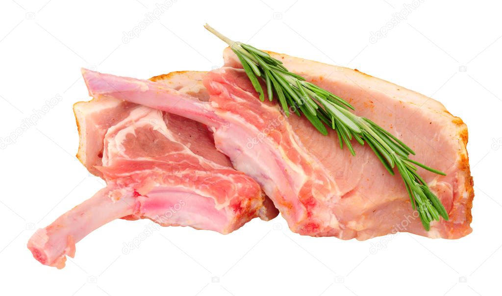 Two fresh raw tomahawk pork chops isolated on a white background