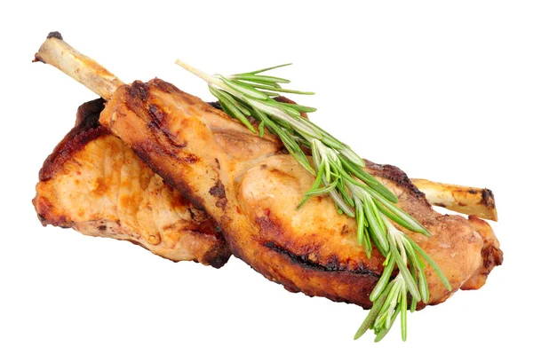 Zwei Gegrillte Tomahawk Schweinekoteletts Isoliert Auf Weißem Hintergrund — Stockfoto