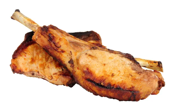 Zwei Gegrillte Tomahawk Schweinekoteletts Isoliert Auf Weißem Hintergrund — Stockfoto