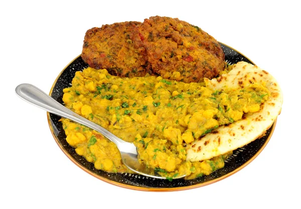 Farine Indienne Tarka Daal Avec Oignon Bhaji Pain Naan Isolé — Photo