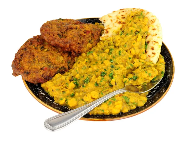Indiai Tarka Daal Étkezési Hagyma Bhaji Naan Kenyér Elszigetelt Fehér — Stock Fotó