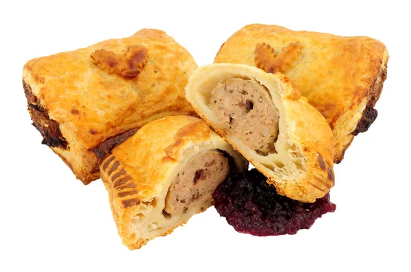 Turkey Cranberry Sausage Rolls Christmas Holly Leaf Decoration Isolated White — Stock Photo, Image