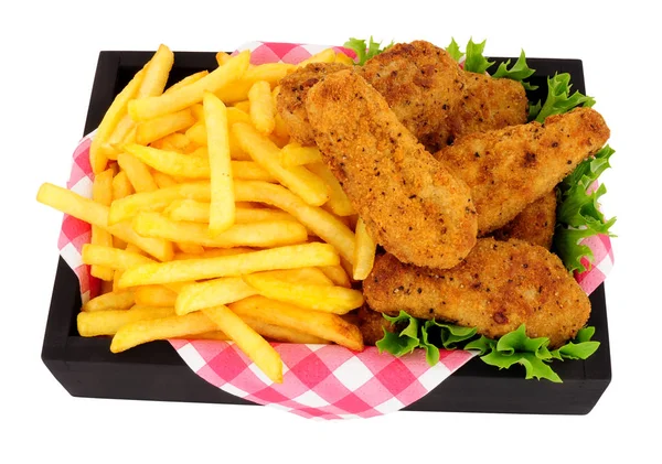 South Fried Chicken Fillet Potato French Fries Black Box Isolated — Stok Foto