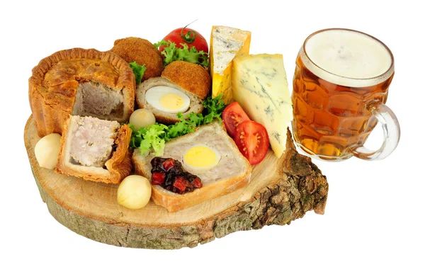 Traditional Ploughman Buffet Lunch Ingredients Pint Beer Isolated White Background — Stock Photo, Image