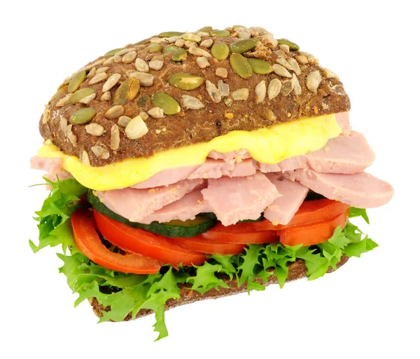 Ham Salad Sandwich Pumpkin Sunflower Seed Dark Rye Bread Roll — Stock Photo, Image