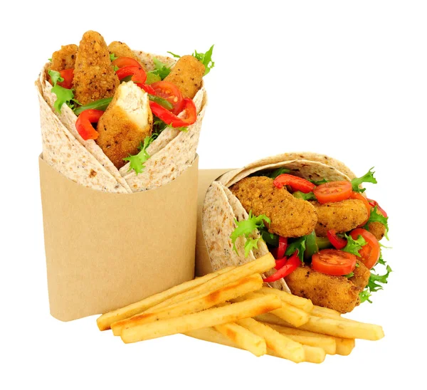 Southern Fried Chicken Fillets Salad Wholemeal Tortilla Wraps French Fries — Stock Photo, Image