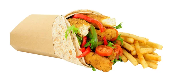 Southern Fried Chicken Fillets Salad Wholemeal Tortilla Wrap French Fries — Stock Photo, Image