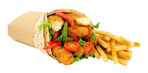 Southern Fried Chicken Fillets Salad Wholemeal Tortilla Wrap French Fries — Stock Photo, Image