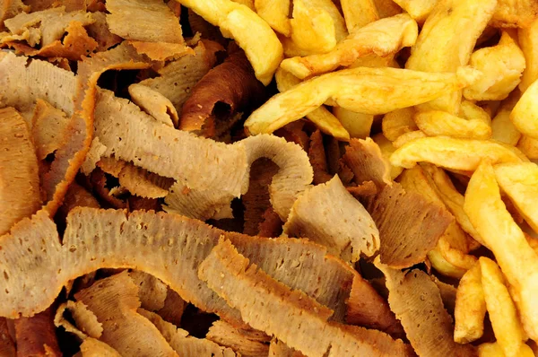 Lam Rundvlees Gyro Kebab Vlees Plakjes Chips Achtergrond — Stockfoto