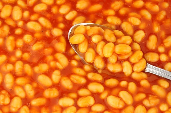 Pieczone Fasola Sos Pomidorowy Tło Łyżką — Zdjęcie stockowe