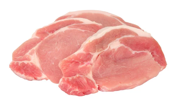 Gruppe Frischer Roher Schweinefleischsteaks Isoliert Auf Weißem Hintergrund — Stockfoto