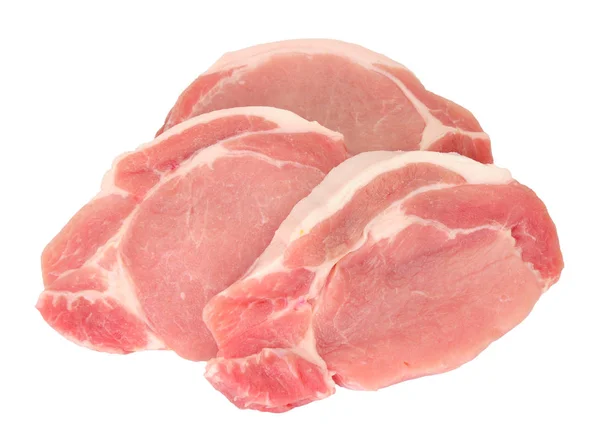 Grupo Bifes Carne Fresca Porco Bruto Isolados Sobre Fundo Branco — Fotografia de Stock