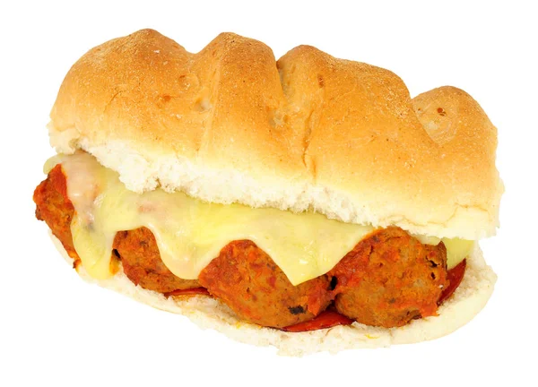 Сэндвич Фрикадельками Расплавленным Сыром Белом Фоне — стоковое фото