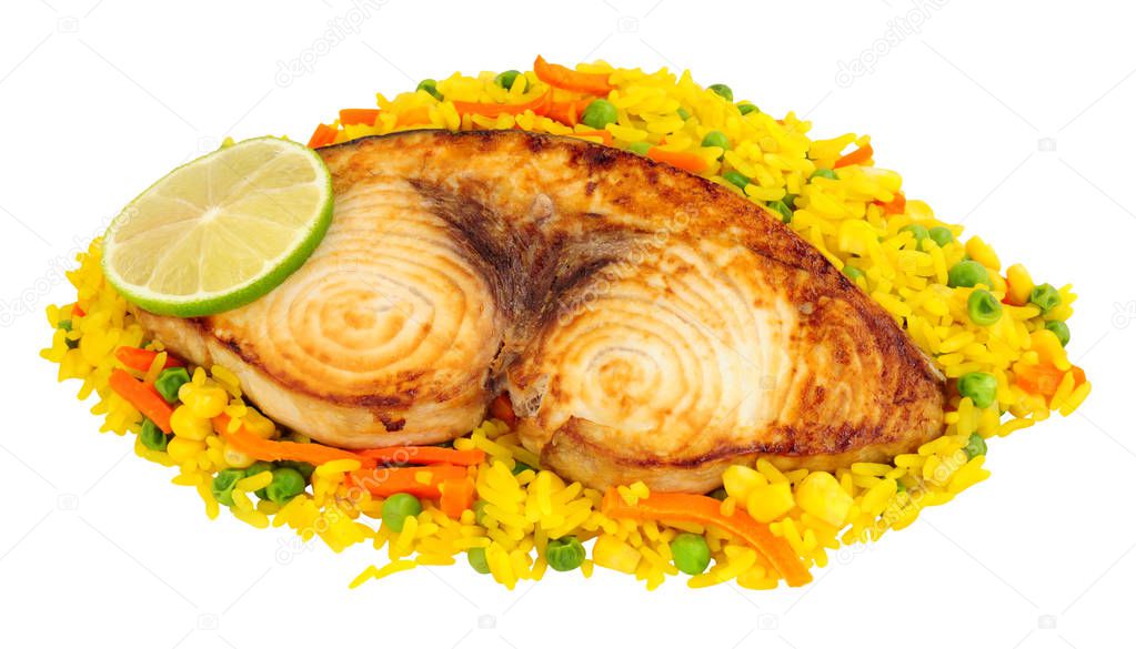 Grilled swordfish loin steak and vegetable rice meal isolated on a white background