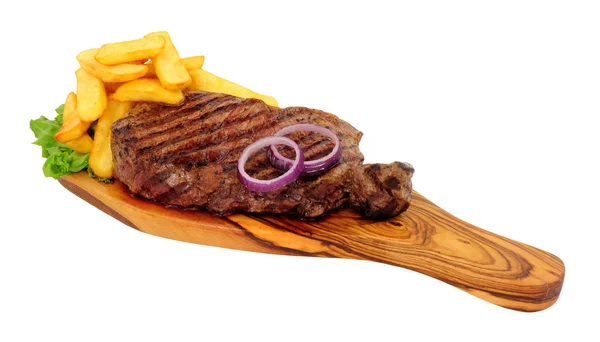 Medium Rare Grilled Sirloin Steak Chunky Chips Olive Wood Serving — Stock Photo, Image