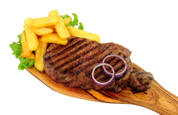 Medium Rare Grilled Sirloin Steak Chunky Chips Olive Wood Serving — Stock Photo, Image