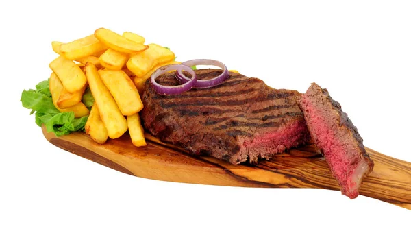 Medium Rare Grilled Sirloin Steak Chunky Chips Olive Wood Serving — Stock Photo, Image