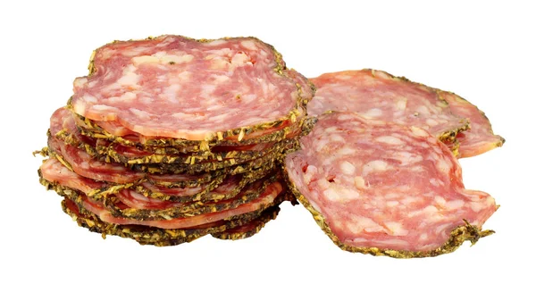 Saucisson Sec Salame Maiale Stagionato Francese Fette Isolate Fondo Bianco — Foto Stock