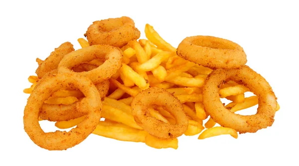 French Fries Fried Onion Rings Isolated White Background — Stock Photo, Image