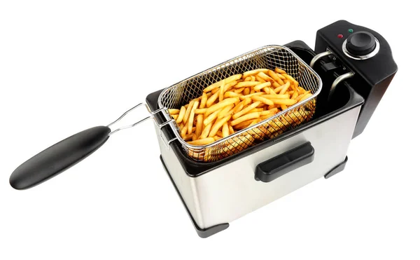 Elektrische Olie Friteuse Frituren Frietjes Geïsoleerd Een Witte Achtergrond — Stockfoto