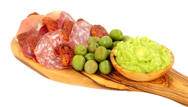 Gran Antipasto Snack Selection Olive Wood Serving Board Salami Cured — Stock Photo, Image