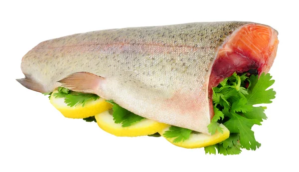 Čerstvé Surové Duhové Ryby Hlavou Ocáskem Odebrané Připravené Vaření Izolované — Stock fotografie