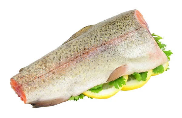 Frischer Roher Fisch Aus Der Regenbogenforelle Kopf Und Schwanz Entfernt — Stockfoto