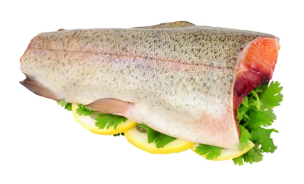 Świeże Surowe Ryby Pstrąga Tęczowego Głową Ogonem Usunięte Gotowe Gotowania — Zdjęcie stockowe