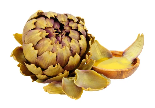 Dunia Hijau Kukus Artichoke Bunga Tunas Dengan Semangkuk Mentega Meleleh — Stok Foto