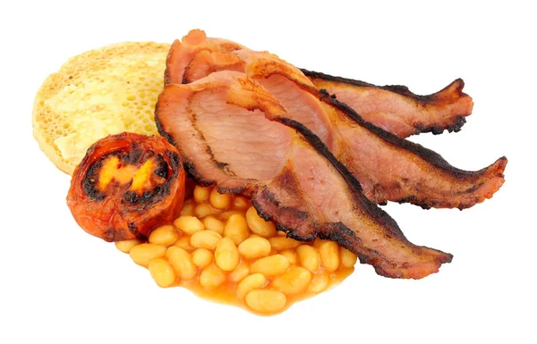 Grillad Bacon Frukost Och Pikelet Crumpet Med Bakade Bönor Tomatsås — Stockfoto