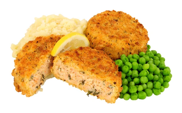 Salmon Fishcake Dan Mashed Potato Meals Garden Peas Isolated White — Stok Foto