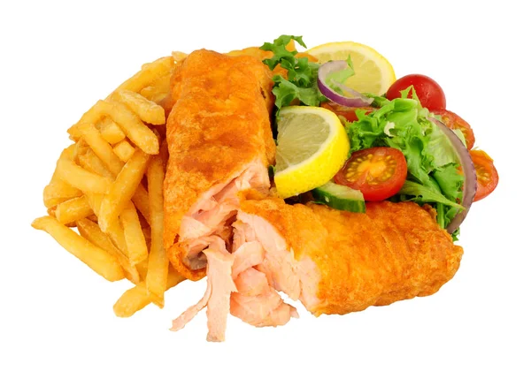 Crispy Batter Covered Salmon Fish Fillet Fries Salad Isolated White — Stock Photo, Image