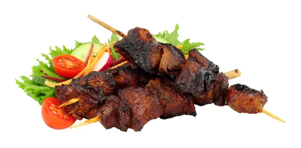 Barbecued Burnt Ends Beef Kebabs Wooden Skewers Fresh Salad Isolated — Stock Photo, Image