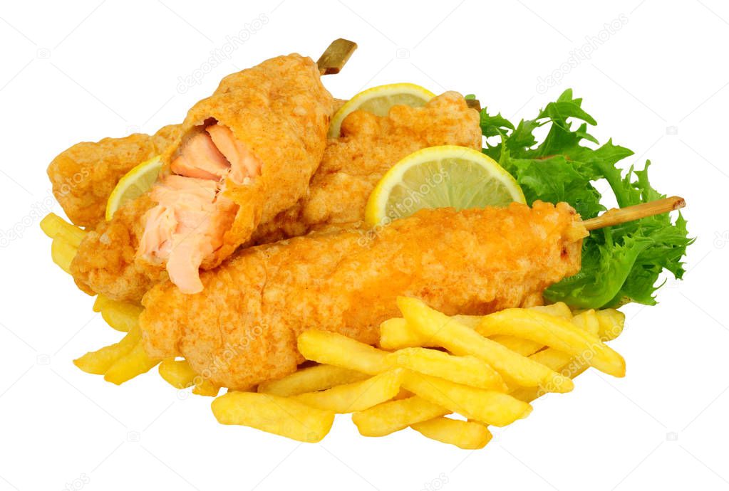 Battered salmon fish fillets on wooden skewers with French Fries isolated on a white background