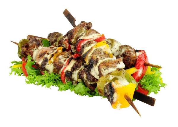 Groep Gegrild Lamsvlees Paprika Kebab Met Munt Yoghurt Coating Verse — Stockfoto