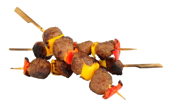 Grillezett Marha Húsgombóc Édes Bors Kebab Nyárs Izolált Fehér Alapon — Stock Fotó