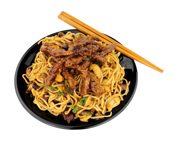 Beef Black Bean Sauce Egg Noodles Cashew Nuts Meal Isolated — Stock Photo, Image