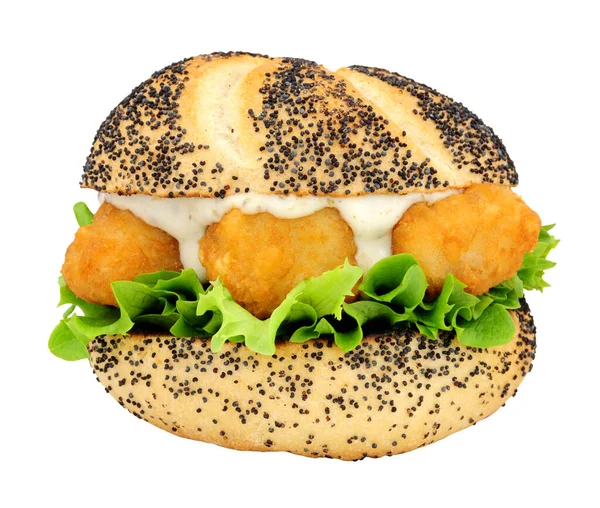 Geslagen Kabeljauw Vis Nugget Sandwich Met Sla Knapperig Maanzaad Bedekt — Stockfoto