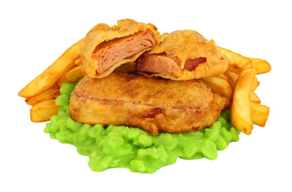 Spam Fritters Chips Meal Mushy Peas Isolated White Background — Stock Photo, Image