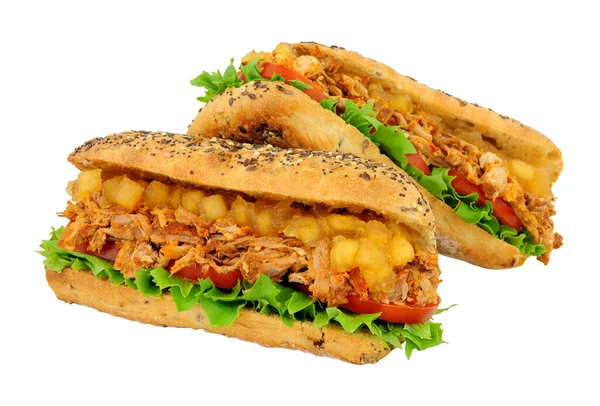 Langsam Gekochte Schweinebraten Sandwiches Einem Mehrkornbelegten Brötchen Mit Klobigem Bramley — Stockfoto