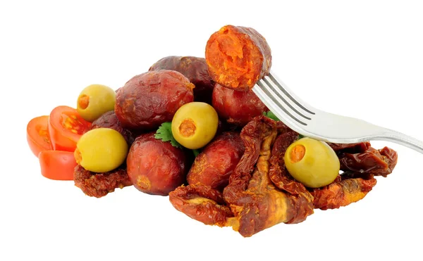 Group Spicy Chorizo Meatballs Sun Dried Fresh Tomatoes Stuffed Olives — Stock Photo, Image