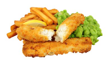 Jumbo breadcrumb covered cod fish fingers and chips meal with mushy peas isolated on a white background clipart