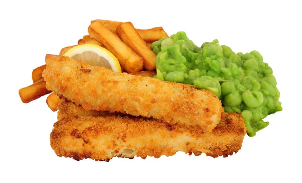 Jumbo Breadcrumb Covered Cod Fish Fingers Chips Meal Mushy Peas — Stock Photo, Image