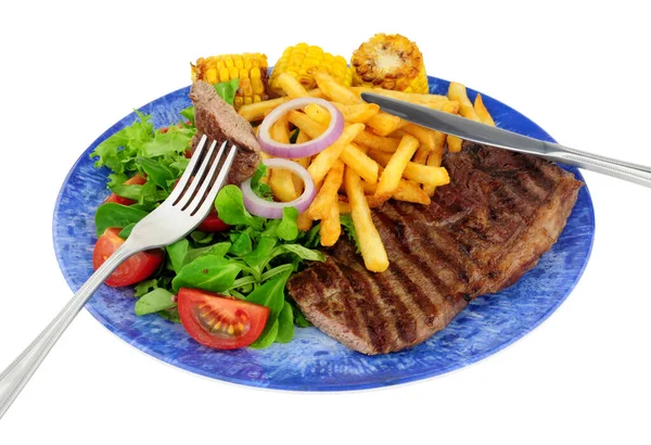 Grilled Sirloin Steak French Fries Meal Fresh Salad Sweetcorn Cobs — Stock Photo, Image