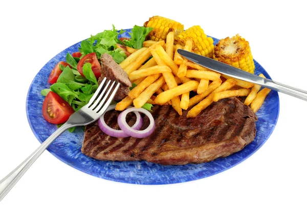 Grilled Sirloin Steak French Fries Meal Fresh Salad Sweetcorn Cobs — Stock Photo, Image