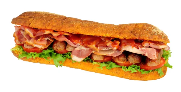 Sausage Bacon Filled Ciabatta Bread Sandwiches Salad Red Tomato Sauce — Stock Photo, Image