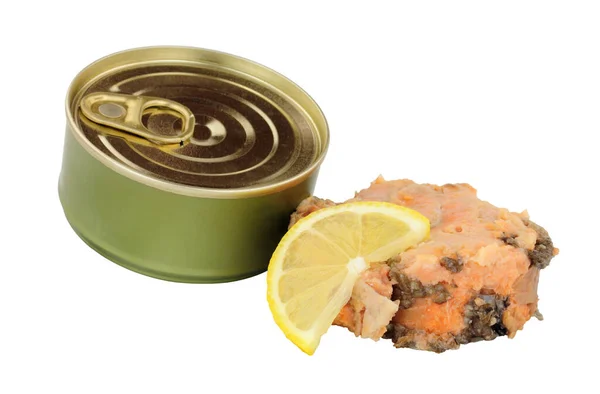 Viande Saumon Rouge Pacifique Conserve Dans Une Boîte Métallique Isolée — Photo