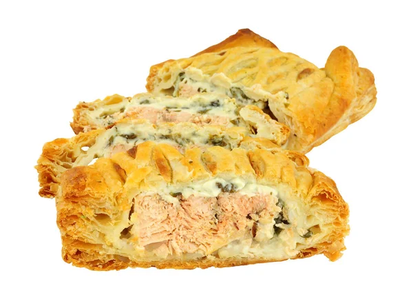 Sliced Puff Pastry Covered Salmon Wellington Cheese Spinach Filling Isolated — Stock Photo, Image