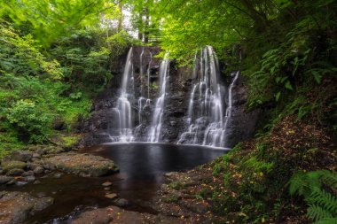 Şelale iz Glenariff Forest Park yakınındaki Causeway kıyı yolu, ülke Antrim, Kuzey İrlanda.